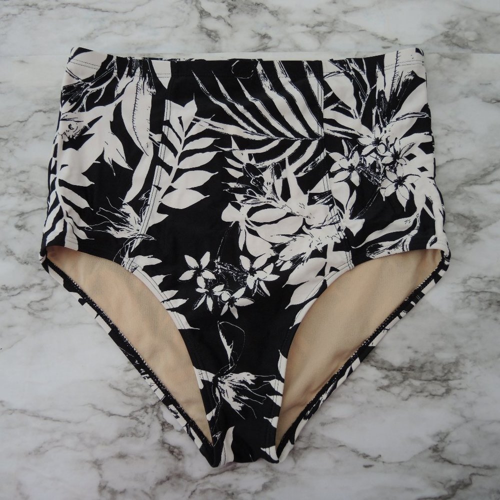 4/$25 Old Navy High Waisted Swim Bottoms Black White Floral Leaf Print Sz Small